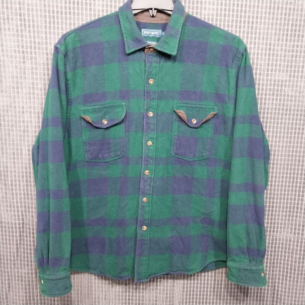 Biltmore Flannel Shirt Mens Plaid Faux Suede Trim XL Green Blue